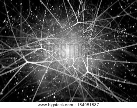 Glowing network connections in space black and white texture computer generated abstract intensity map 3D rendering