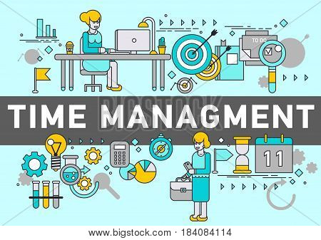 Vector illustration concepts of word time management. Planning, organization, working time. Flat design banners for website