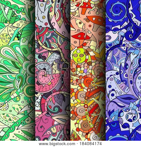 Set Of Tracery Colorful Seamless Patterns. Curved Doodling Backgrounds For Textile Or Printing With