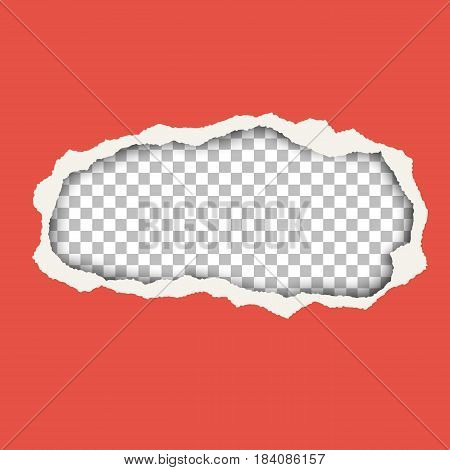 Snatched hole in red paper sheet. Background of resulting window is transparent and checkered and has space for text. Torn edges of the hole have soft shadow. Template paper design for ad and other aims.