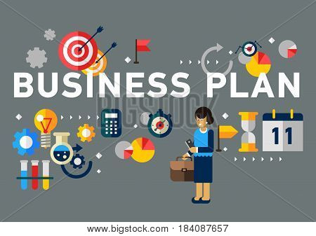 Vector flat illustration concepts of words business plan. Market research, analysis, planning, business management, strategy, finance and investment, business success. Concept for web banners.