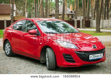Smolensk, Russia - April 25, 2017: New Mazda 3 (Axela) parked in suburbian street of Smolensk.