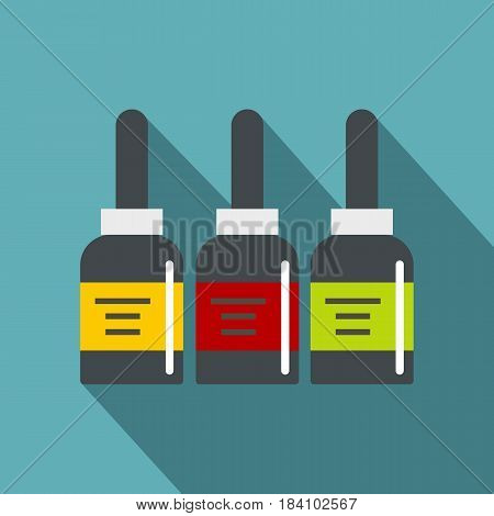Three tattoo ink bottles icon. Flat illustration of three tattoo ink bottles vector icon for web on baby blue background