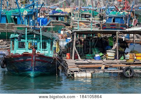 Boats at Halong Bay, Vietnam. Unesco World Heritage Site.