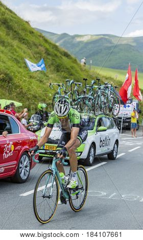 Col de PeyresourdeFrance- July 23 2014: The Belgian cyclist Maarten Wynants (Team Belkin) climbing the road to Col de Peyresourde in Pyrenees Mountains during the stage 17 of Le Tour de France on 23 July 2014.