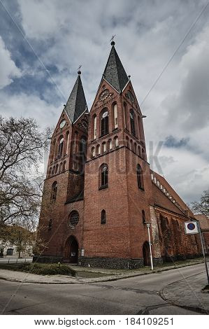 Gothic church with belfries in Frankfurt on the Oder