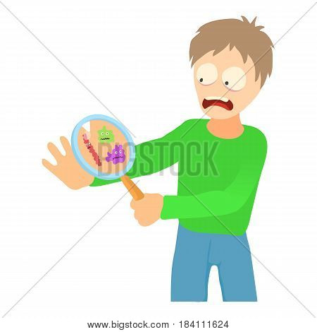 Misophobia concept. Cartoon illustration of a man suffering from the fear of of germs