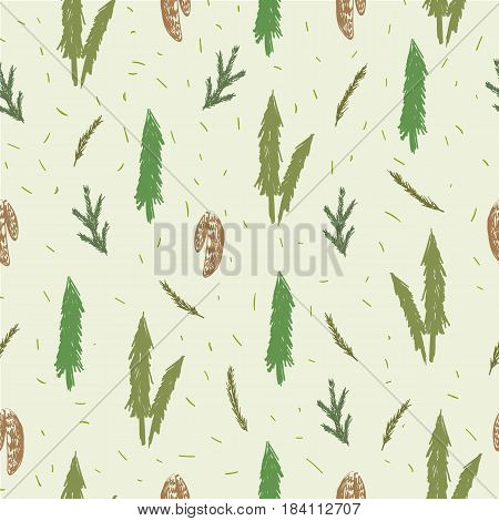 Seamless pattern with fir, spruce, cones branches
