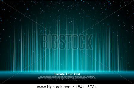 Glowing light lines. Glow linear effect. Blue neon light flash stripes and sparkling rays traces on black Industrial background.