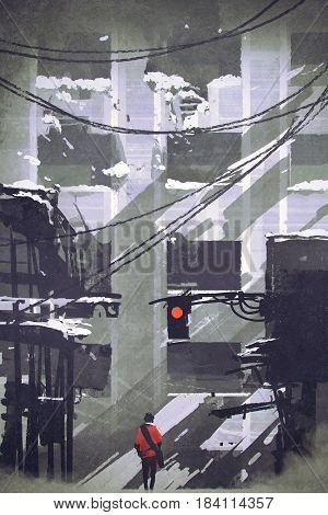 man walking in abandoned city looking at ruined buildings with digital art style, illustration painting