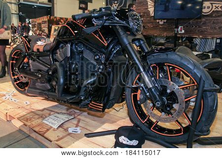 St. Petersburg Russia - 15 April, A powerful black bike with an orange stroke,15 April, 2017.
International Motor Show IMIS-2017 in Expoforurum.
Motorcycles and motoconcepts presented at St. Petersburg Motor Show.