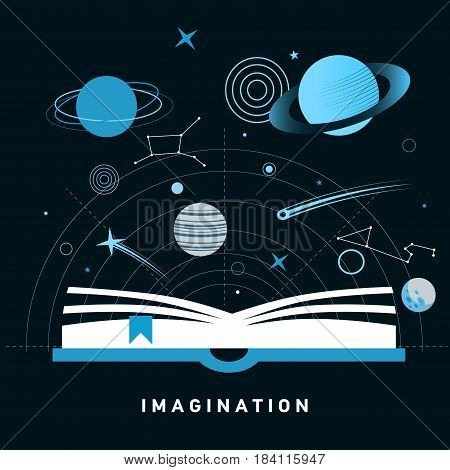 Imagination concept with opened book and planets, stars, space, magic hat, slapstick, bear on bike with balloons. Fairy, magical adventure book for kids.