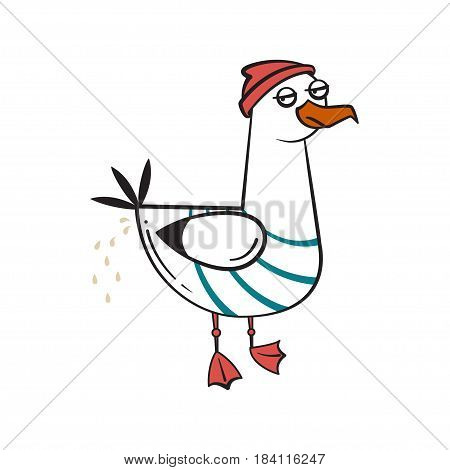 Funny cartoon seagull, craping isolated vector character