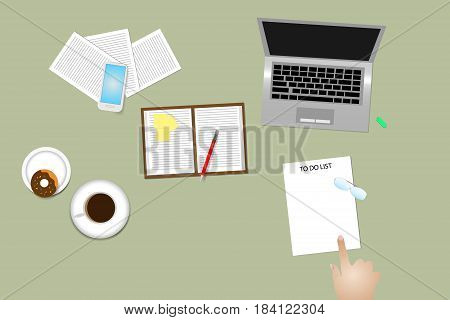 Office desk top view with supplies coffee cup and donut. Finger is pointing paper with time management method To Do List