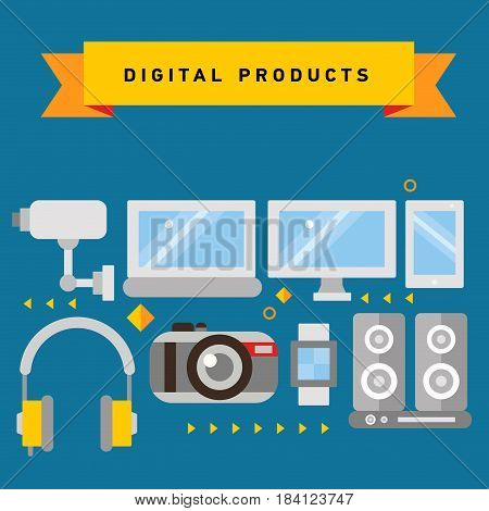 Household icons concept set of domestic appliances kitchen equipment and digital products square composition flat vector illustration
