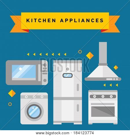 Flat line illustration of home, domestic appliances such as scales, lamp, vacuum cleaner, hair dryer, fan, iron. Smart home appliances, internet of things for consumer electronic.