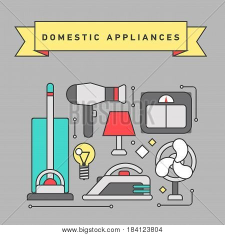 Flat line illustration of home, domestic appliances such as scales, lamp, vacuum cleaner, hair dryer, fan, iron. Smart home appliances, internet of things for consumer electronic.