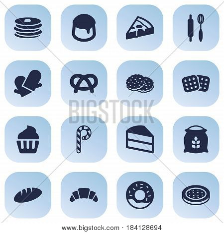 Set Of 16 Oven Icons Set.Collection Of Pepperoni, Loaf, Sack And Other Elements.