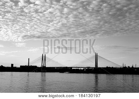 The Great Obukhov cable-stayed bridge and Neva River in St.Petersburg Russia. Black and white.