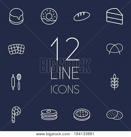 Set Of 12 Stove Outline Icons Set.Collection Of Bread, Wheat, Pancakes And Other Elements.