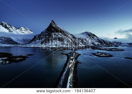Olstind Mount and bridge, aerial view. Lofoten islands, Norway