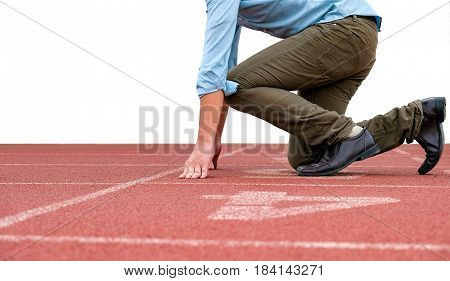 Side view of businessman in action to prepare for running on a treadmill to start business competition. Isolated on white background