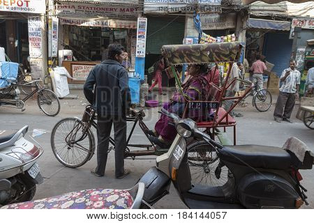 DELHI INDIA - DEC 10 : rickshaw taxi service at chawri bazar in old delhi. old delhi is aged and famous place of delhi on december 10 2014 india