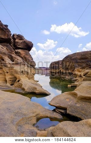 Samphanbok, A large rocky rapids in the Mekong River were eroded by the tides. It is seen in the dry season of every year and is a famous tourist attractions of Ubon Ratchathani province, Thailand.