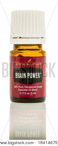 Winneconne WI - 25 April 2017: A bottle of Brain Power Young Living oil on an isolated background.