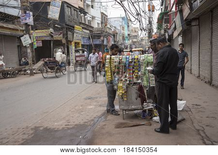 DELHI INDIA - MAR 15 : unidentified india people and betel stall in chawri bazar in morning. this market is large hardware market of delhi on march 15 2015 india