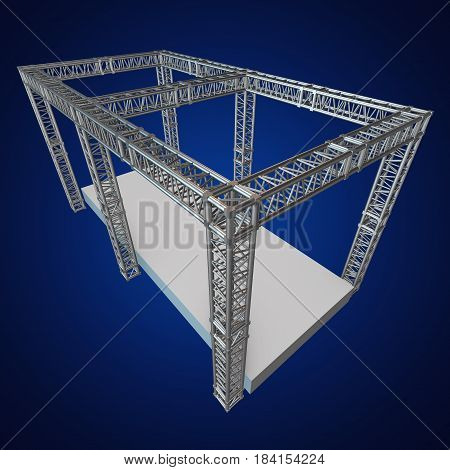 Steel truss girder rooftop construction with outdoor festival stage. 3d render podium on blue.