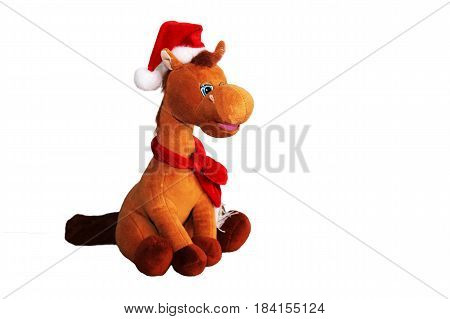 A Small Horse Is A Soft Toy, A Christmas Outfit And A Santa Hat