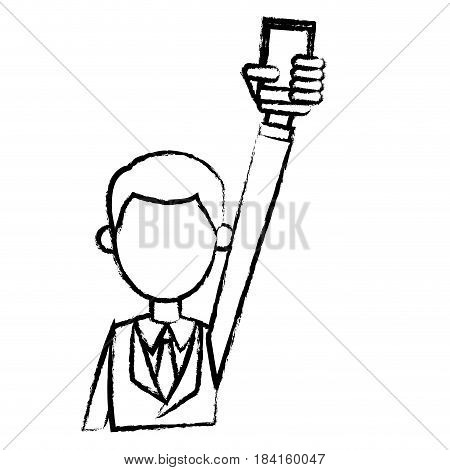 guy business hand holding smartphone sketch vector illustration
