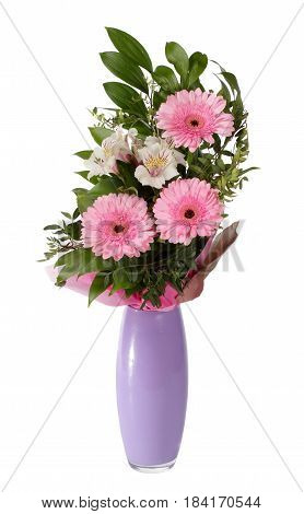 Bouquet of gerberas and alstroemeria in lilac vase isolated on white background