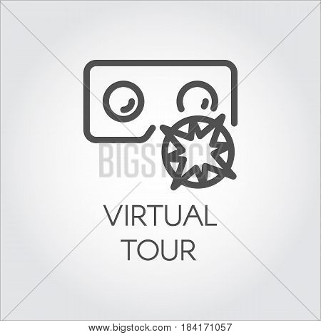 Black flat simple icon in style line art. Outline symbol with stylized image of a new app software virtual reality tour. Stroke vector logo digital VR technology future. Mono linear pictogram web.