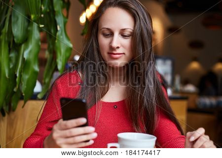 Beautiful brunette young Caucasian woman is taking rest on modern cafe bar drinking fresh morning coffee and checking her mail with modern mobile phone. Technology concept.
