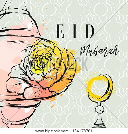 Hand drawn vector abstract freehand textured collage template greeting card with arabic pattern, latern, moon, graphic blooming flower and modern calligraphy Eid Mubarak isolated on pastel background