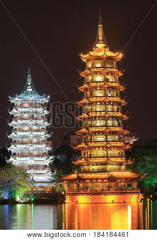 Moon and Sun Pagoda temple in Guilin China