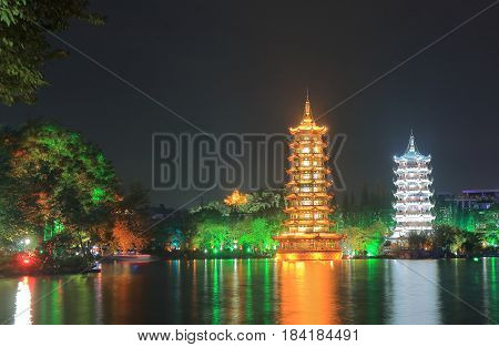 Moon and Sun Pagoda temple in Guilin China