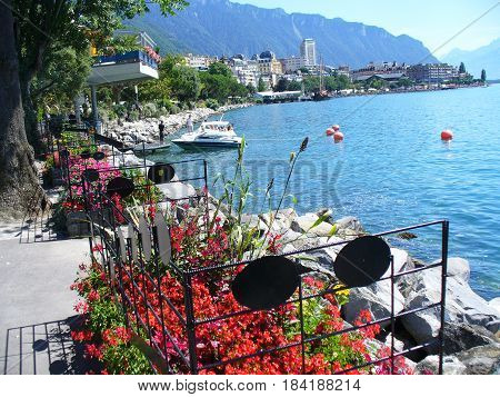 MONTREUX, SWITZERLAND - May 1, 2017: View on Geneva Lake in summer in town Montreux. Montreux is famous resort in Switzerland.