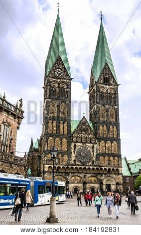 Bremen, Germany - May 1, 2017: Cathedral church square (Bremer Sankt Petri Dom)