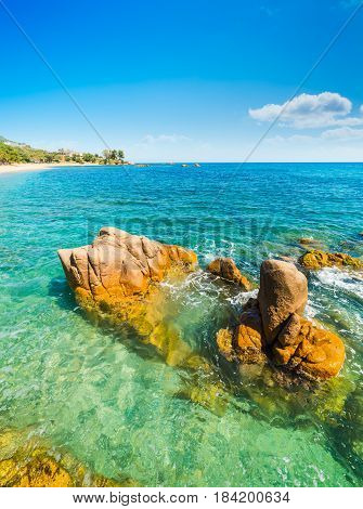 Orange rocks in Santa Maria Navarrese beach Sardinia