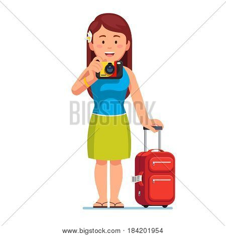 Happy young woman tourist standing with her baggage spinner valise and taking photo. Summer holiday and travelling concept. Flat style modern vector illustration isolated on white background.