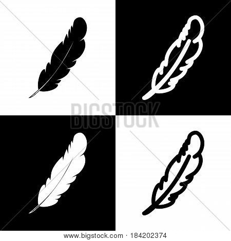 Feather sign illustration. Vector. Black and white icons and line icon on chess board.
