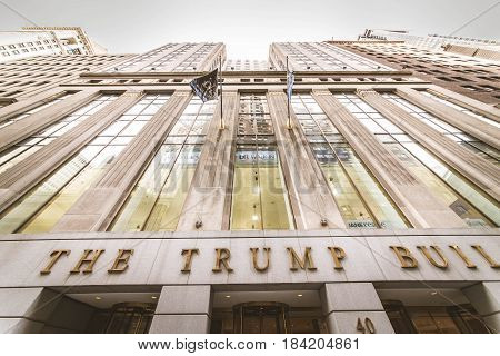 New York City USA - SEptember 26 2015: The Trump Building on Wall Street. In 1995 President Donald Trump bought the building that is now known as 