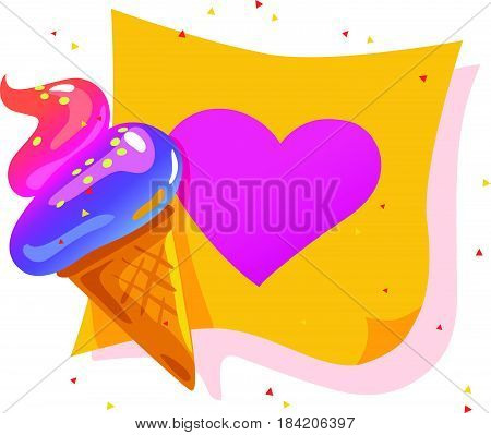 Vector flat cartoon banner with colorful paper sheet and tasty shiny ice cream cone isolated on white background. Note reminder sticker, web banner element design. Summer advertisement poster, placard
