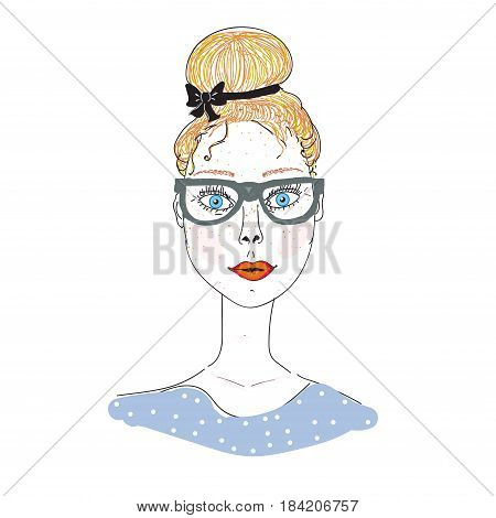 red-haired girl with glasses, vector illustration about fashion, blouse with polka dot design, girl with a hairdress, hand drawn red-haired woman