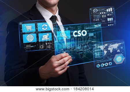Business, Technology, Internet And Network Concept. Young Businessman Working On A Virtual Screen Of