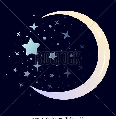 Fairytale style crescent moon with a resting on a curly ornate cloud with a starry nignht sky behind. Sticker isolated on background, tattoo or greeting card design. EPS10 vector