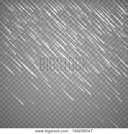 Transparent anglewise rain drops isolated on abstract background. Vector rainy drop effect
